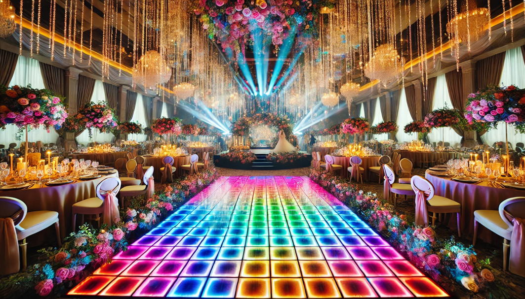 Stunning LED dance floor with colorful RGB lighting at luxury Dubai wedding venue with chandeliers and elegant decor