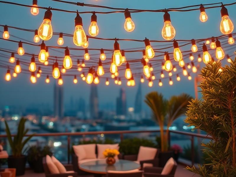 Beautiful festoon lights installation at outdoor Dubai wedding creating romantic ambiance