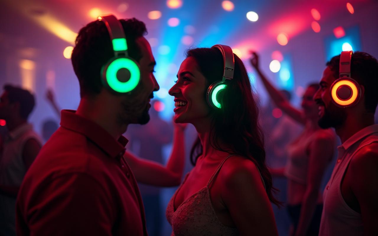 Silent disco party in Dubai with wireless LED headphones and multiple music channels