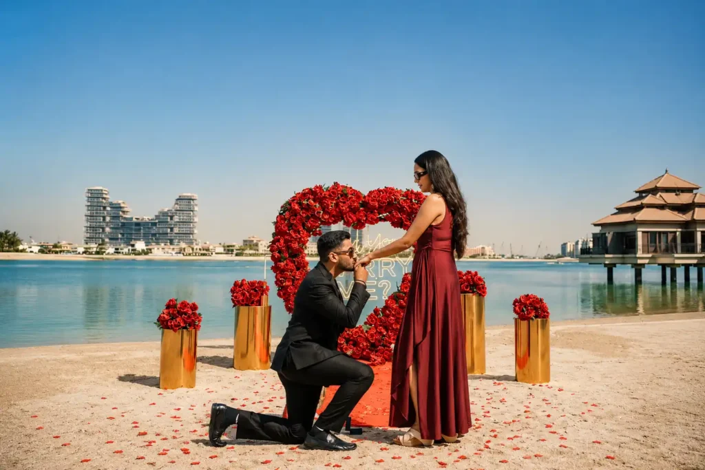 Romantic beach proposal in Dubai featuring a man on one knee proposing to his partner beside the water, surrounded by a red rose heart backdrop, gold floral pedestals, scattered rose petals, and stunning Palm Jumeirah waterfront views.