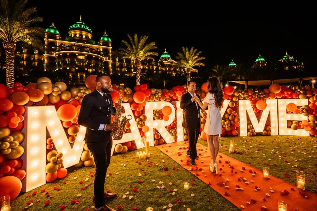 Live saxophonist performing during a luxury marriage proposal in Dubai
