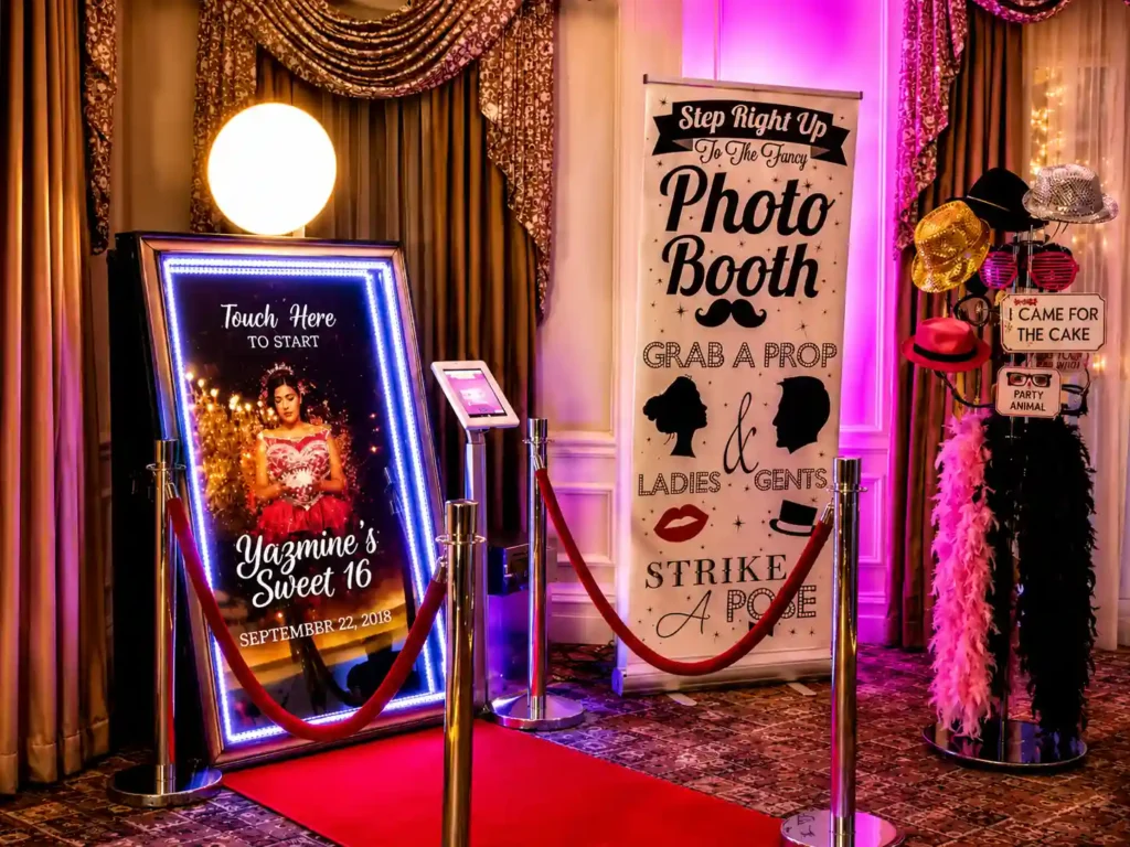 Luxury Mirror Photo Booth at a Sweet 16 celebration, featuring an illuminated interactive mirror with a custom welcome screen, red carpet entrance, velvet stanchions, stylish prop station, and elegant pink ambient lighting, creating a premium photo experience for private parties and special events.
