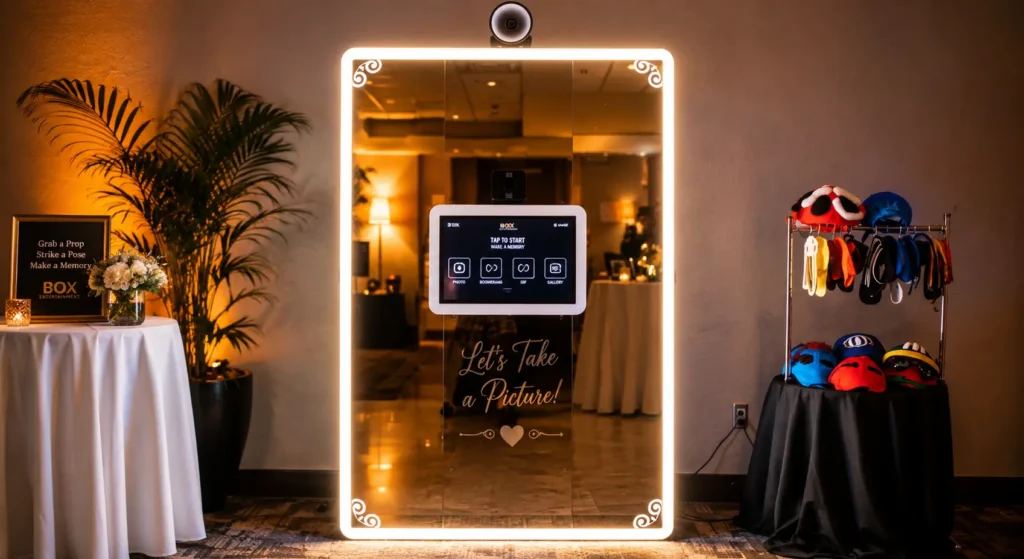 Luxury Mirror Booth setup at an elegant indoor event, featuring an illuminated interactive mirror photo booth with touchscreen display, premium lighting, stylish prop station, and sophisticated décor, perfect for weddings, corporate events, and private celebrations in Dubai.
