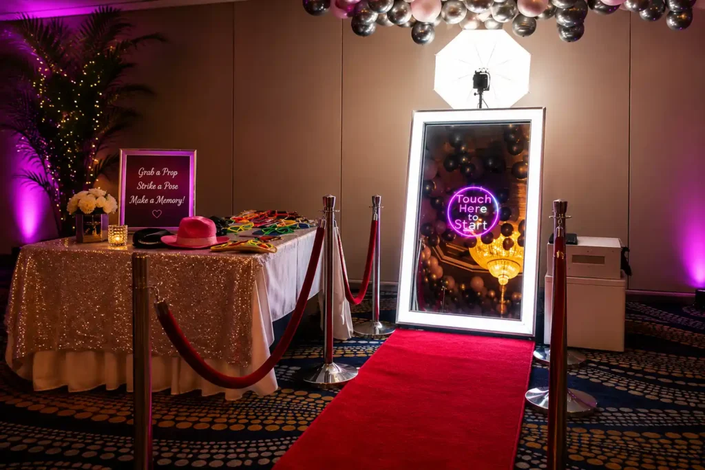 Luxury Mirror Photo Booth with a red carpet entrance at an elegant indoor event, featuring an illuminated interactive mirror, premium prop table, velvet stanchions, ambient lighting, and stylish décor, ideal for weddings, corporate events, gala dinners, and private celebrations in Dubai.**
