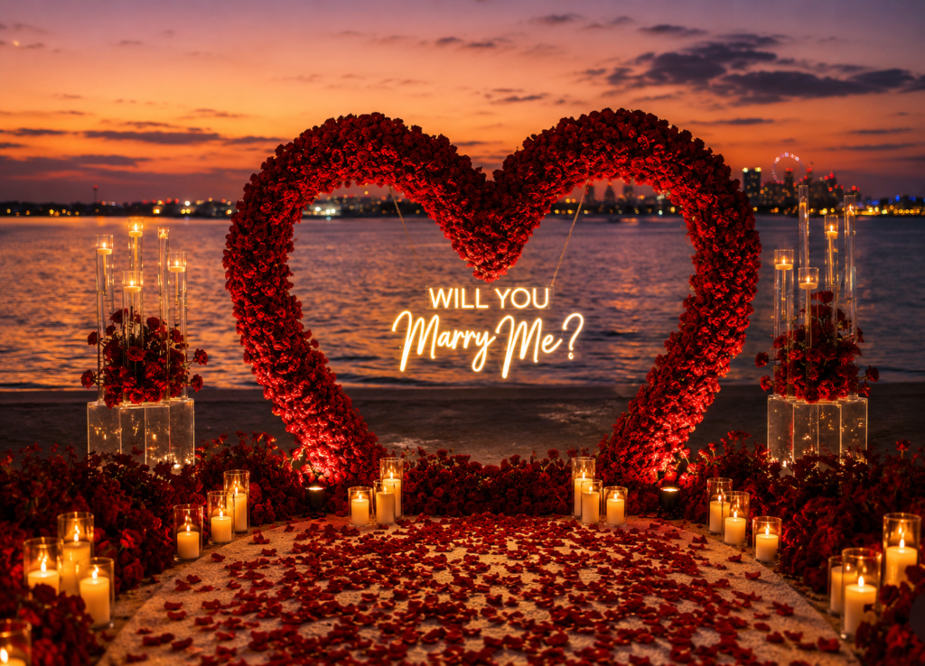 Romantic waterfront marriage proposal setup at sunset featuring a large heart-shaped red rose arch, illuminated "Will You Marry Me?" neon sign, candlelit aisle, rose petals, and elegant floral arrangements overlooking the water in Dubai.