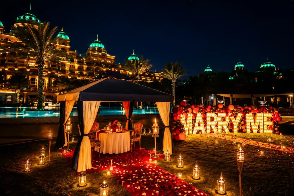 Luxury marriage proposal setup at a Dubai resort featuring a private cabana, candlelit red carpet, glowing "MARRY ME" sign, rose petal decorations, and a romantic dining table overlooking a pool with illuminated palace-style architecture at night.