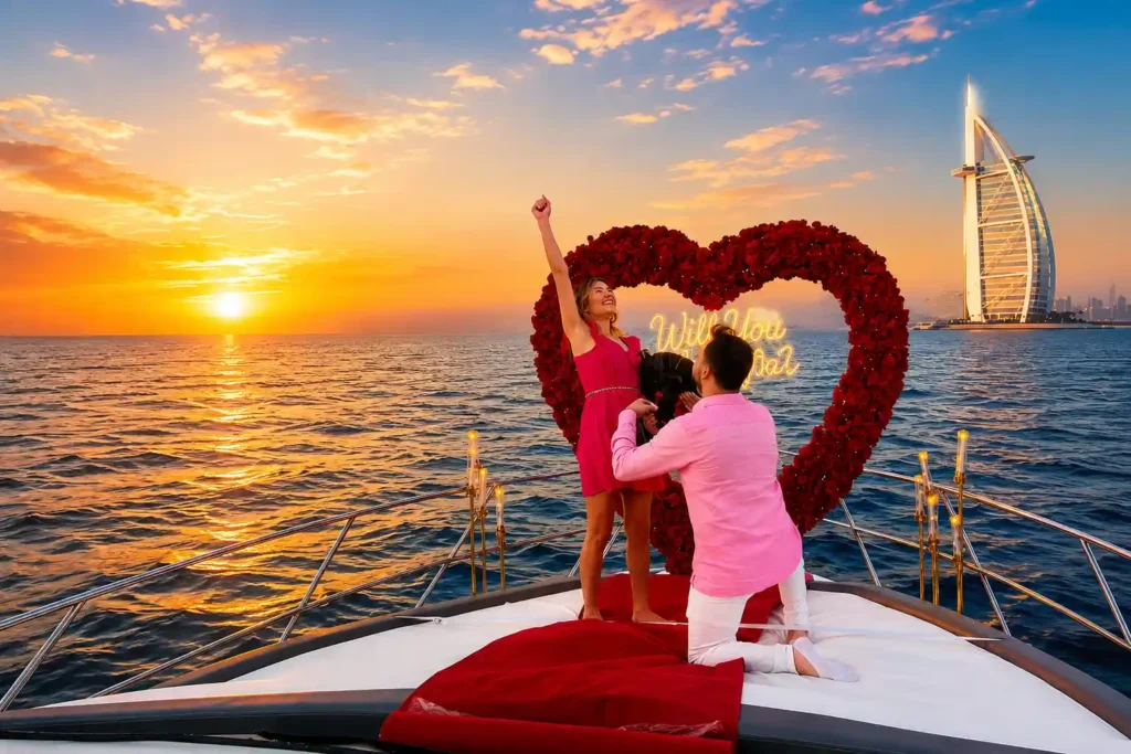 Romantic yacht proposal in Dubai with a red rose heart backdrop, sunset ocean views, and the Burj Al Arab, creating a luxury marriage proposal experience.