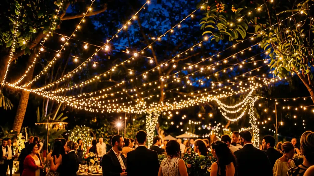 Outdoor wedding reception with fairy lights and festoon lighting canopy creating a warm, romantic atmosphere for guests at a luxury evening event in Dubai.