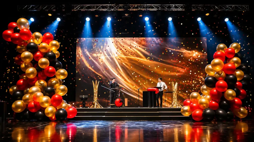 Corporate event entertainment in Dubai featuring moving head lights, LED screen rental, stage production, event lighting, balloon decor and live performance for a gala dinner or awards ceremony.