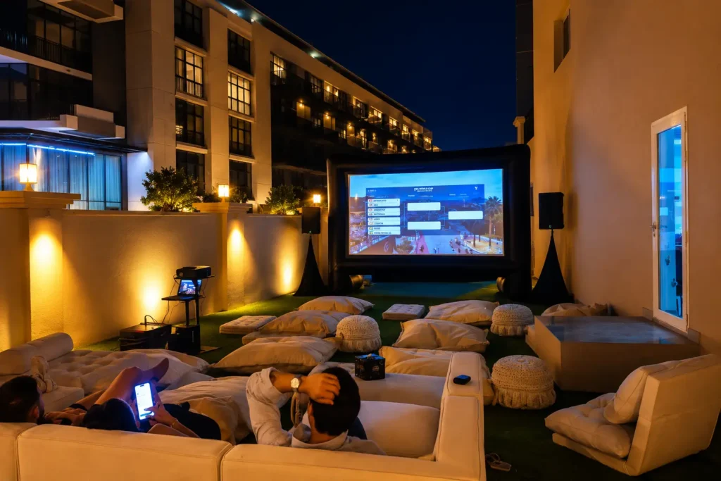 Guests enjoying an outdoor movie night in Dubai with a large inflatable cinema screen, comfortable lounge seating, professional sound system, and ambient lighting, creating a premium outdoor cinema experience by Box Entertainment.