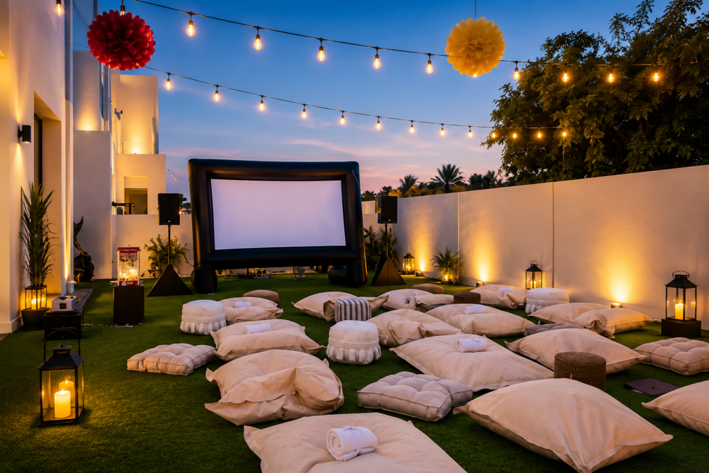 Luxury outdoor cinema setup in a Dubai garden featuring an inflatable movie screen, plush seating, surround sound speakers, and guests enjoying an unforgettable outdoor movie night by Box Entertainment.