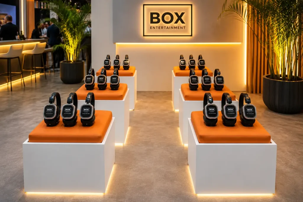 Premium silent conference headset display at the Box Entertainment exhibition stand, featuring wireless silent disco headphones showcased on illuminated white podiums with orange cushions at a modern trade show.