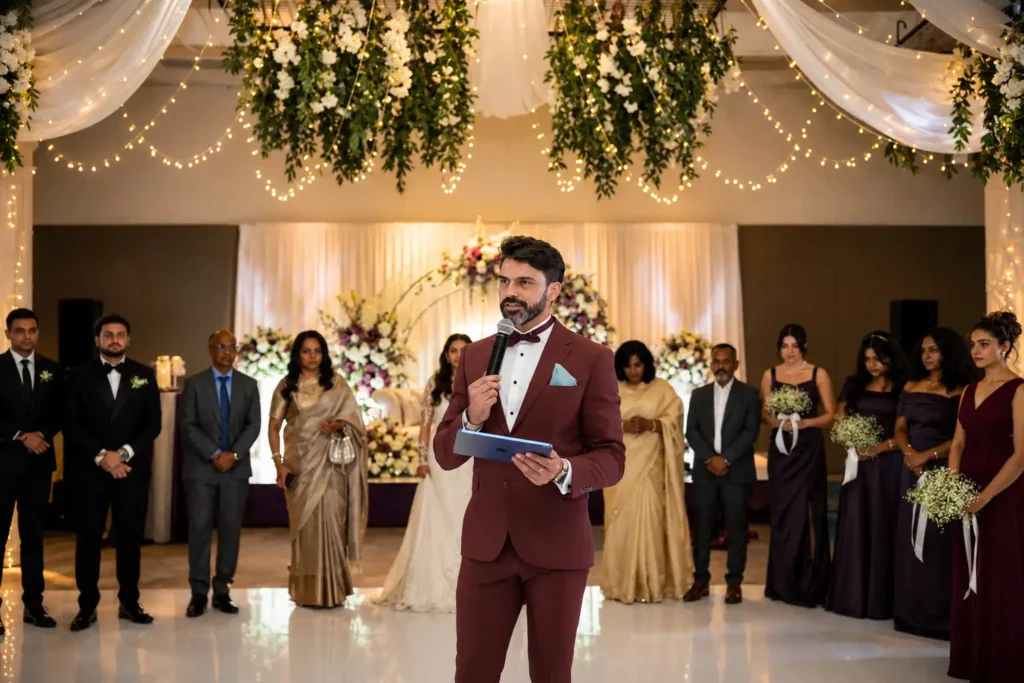Professional wedding MC hosting a luxury wedding reception in Dubai, standing before the bride, groom, bridal party, and guests beneath elegant floral installations and warm fairy lights, creating a sophisticated and memorable celebration.