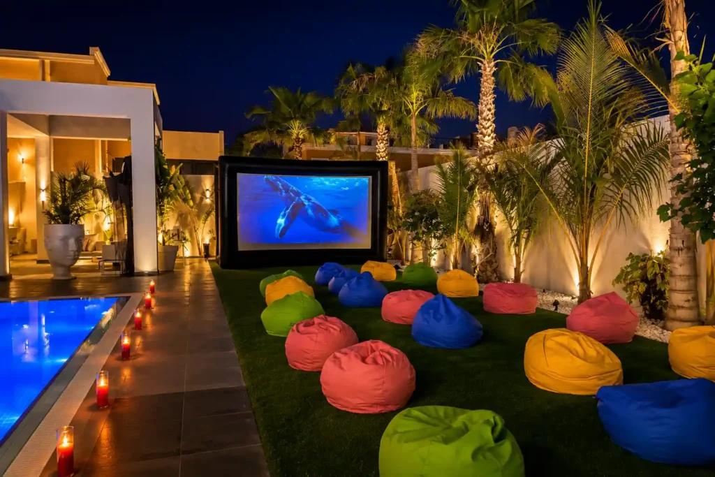 Luxury outdoor cinema setup in Dubai with a large movie screen, colourful bean bags, palm trees and poolside seating at a private villa.