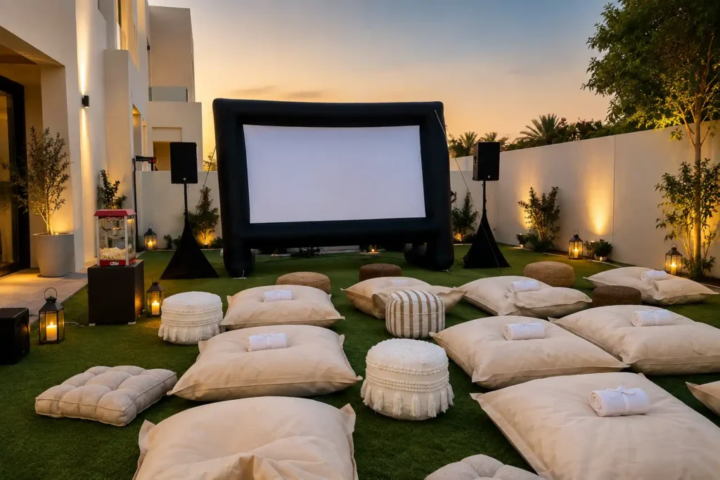 Luxury outdoor cinema setup in Dubai featuring an inflatable movie screen, premium bean bags, floor cushions, popcorn station, professional sound system, and cozy garden seating for a private movie night.
