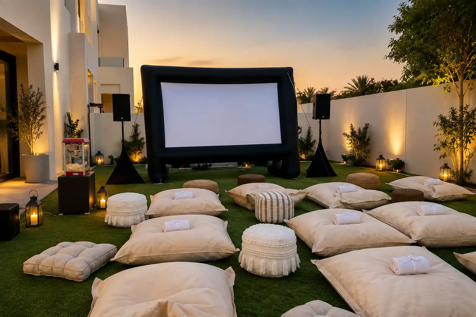 Luxury outdoor cinema setup in Dubai featuring an inflatable movie screen, premium bean bags, floor cushions, popcorn station, professional sound system, and cozy garden seating for a private movie night.