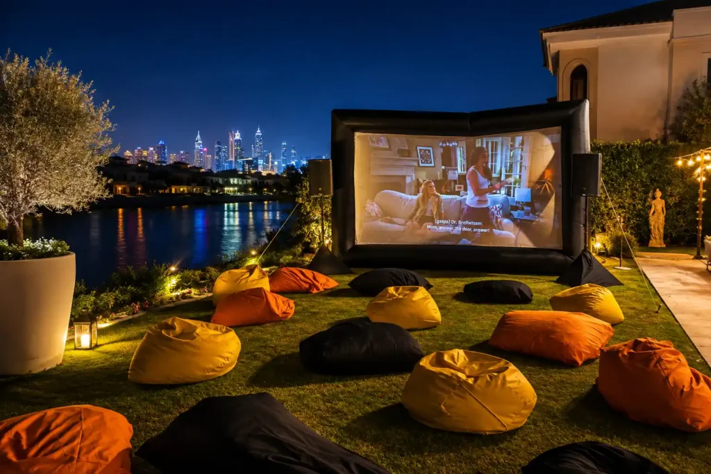 Luxury outdoor cinema setup in Dubai with a large movie screen, colourful bean bags, professional speakers and city skyline at night.