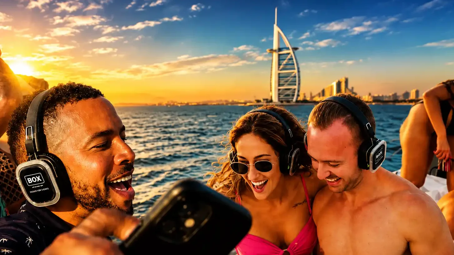 Silent disco party in Dubai with guests wearing Box Entertainment wireless headphones by the beach, with Burj Al Arab in the background.