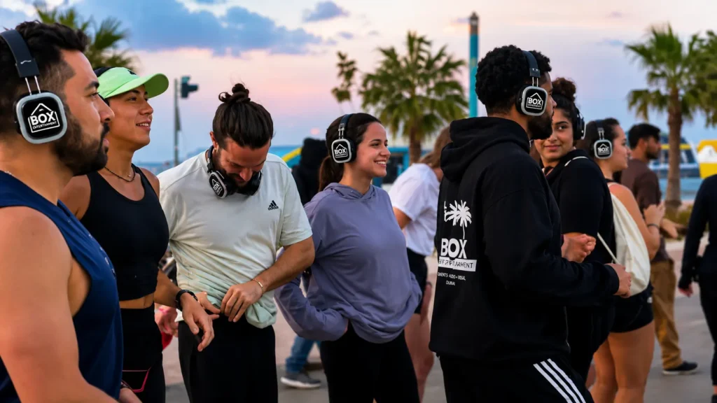 Runner wearing silent disco headphones during an outdoor fitness event in Dubai.
